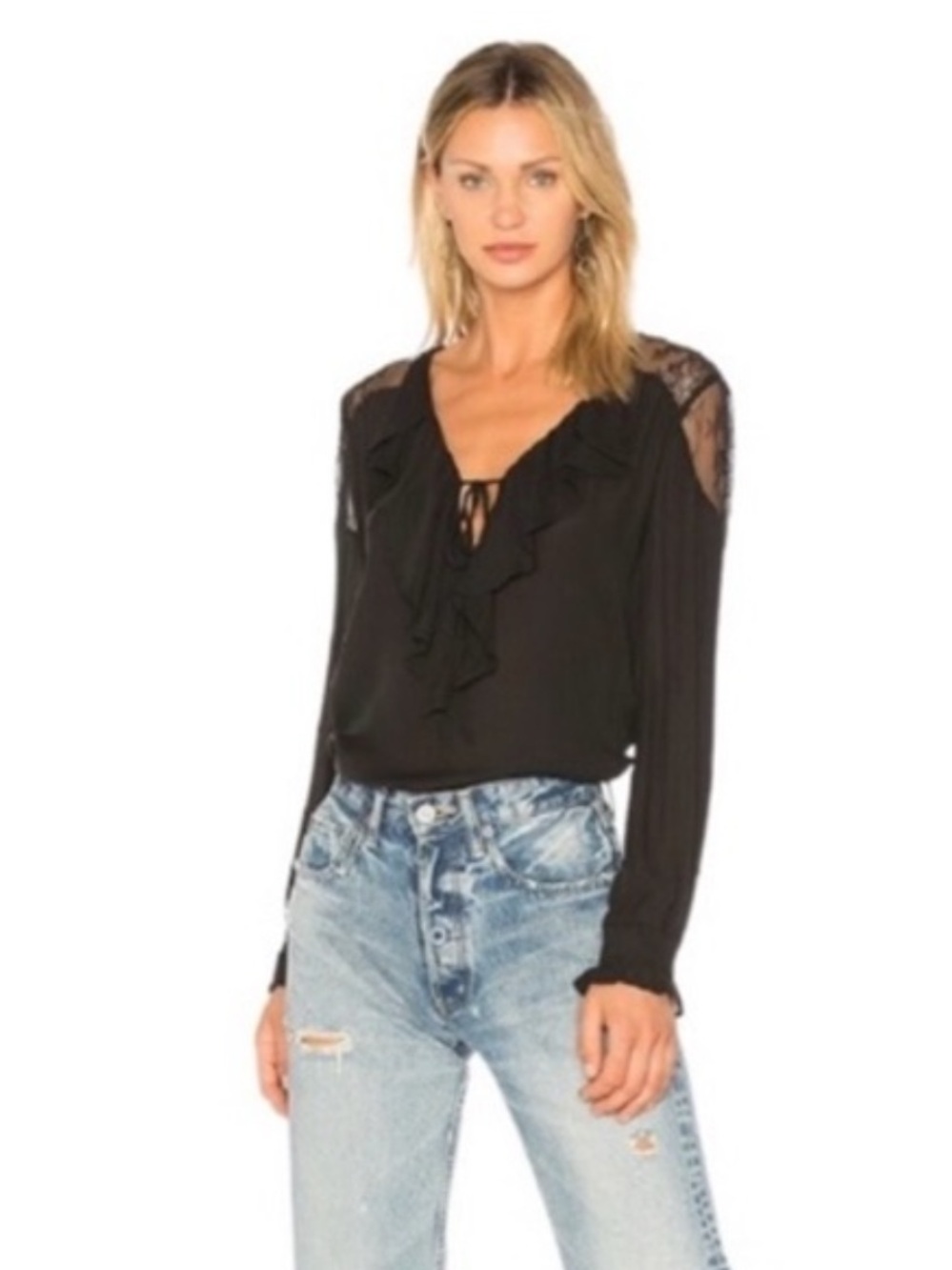 PAIGE Black Lace-Shoulder Ruffle V-Neck & Cuffs Silk Blouse/ XS/ NWT